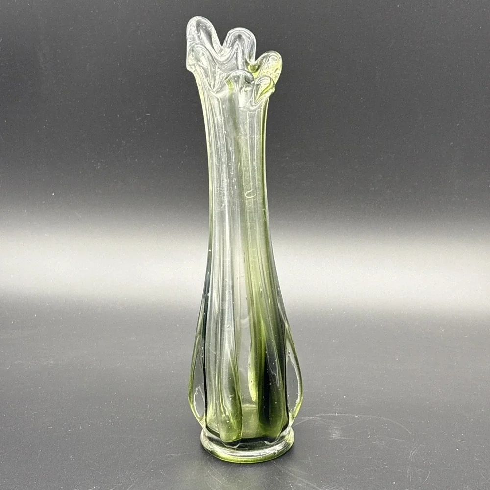 Vintage MCM Green Cased Glass Swung Vase 6 Finger Mid Century Art Glass Bud Vase